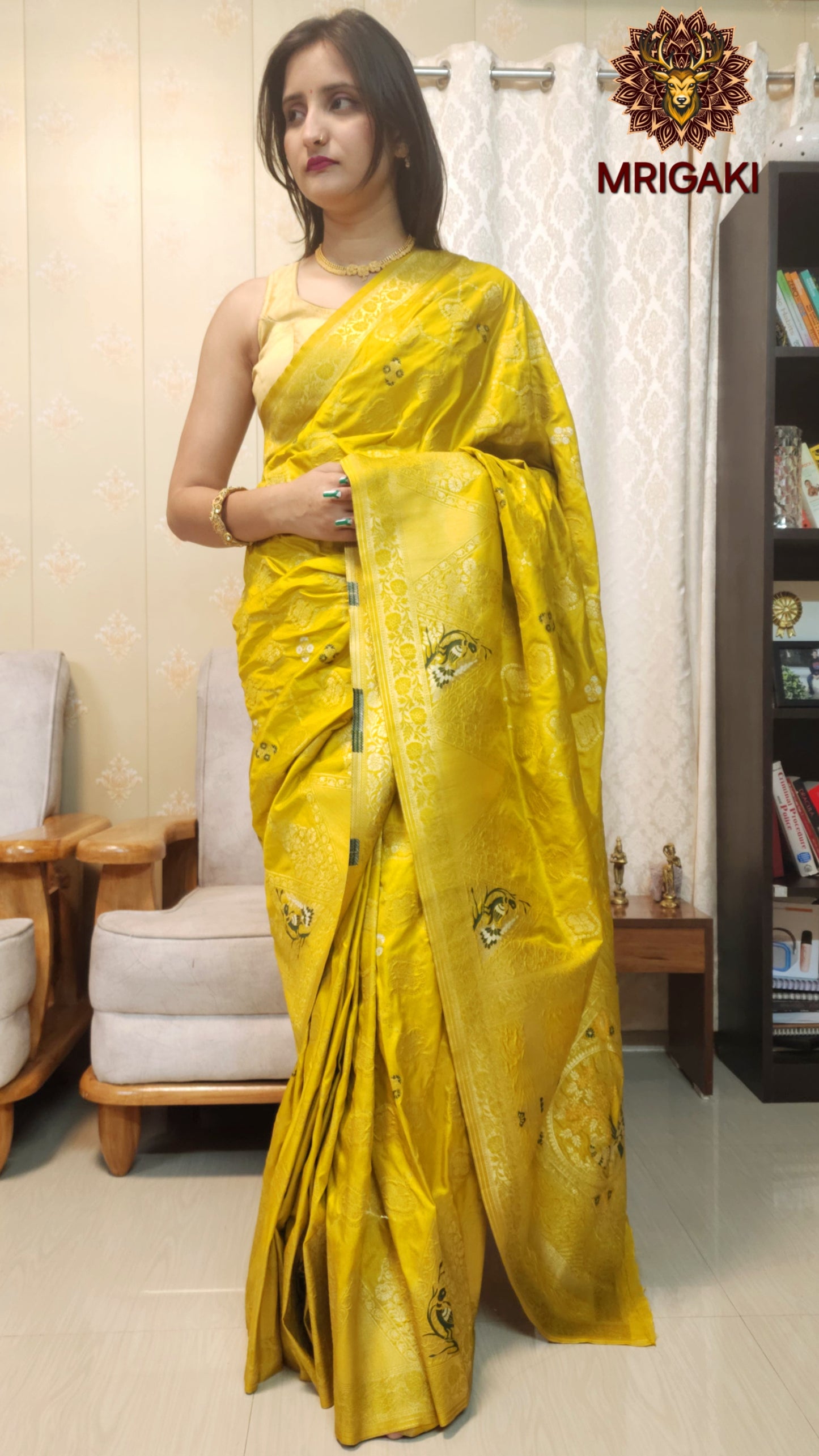 Banarasi Silk Yellow Green color saree with Peacock pattern & Golden Jaal design All over