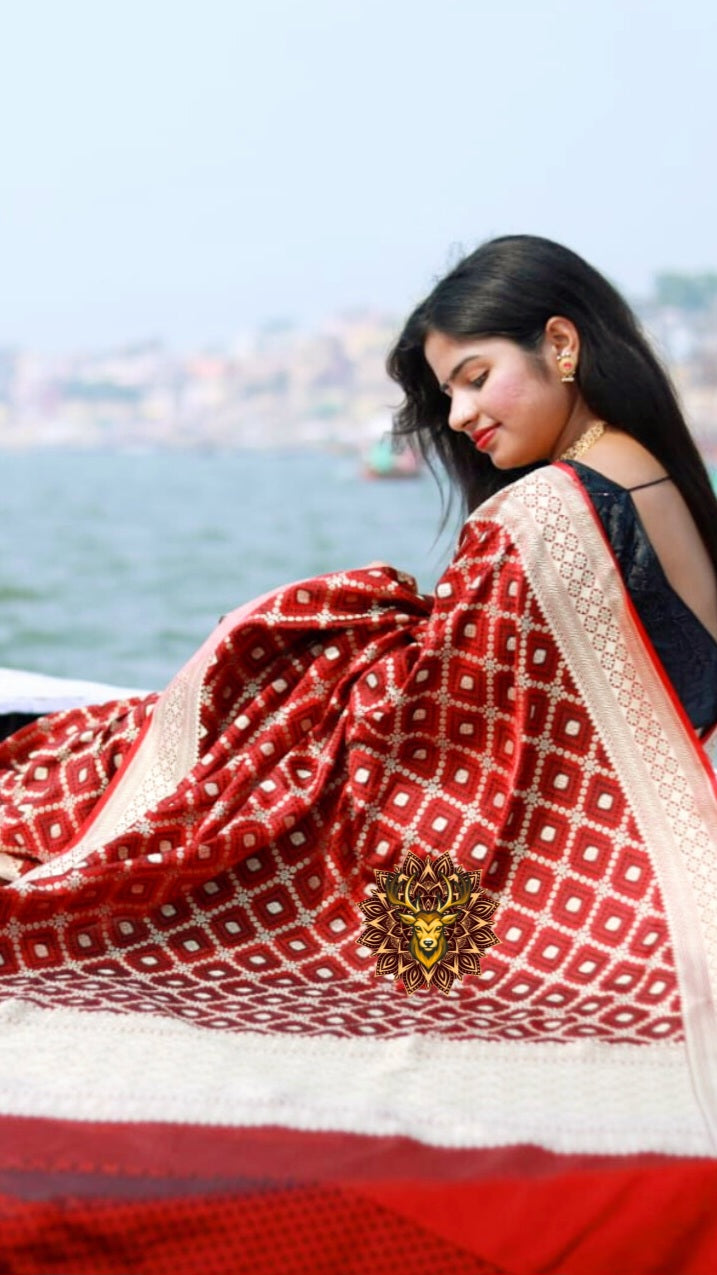 Pure Dupion Silk Banarasi Saree in Black Maroon contrast with Golden Cheques