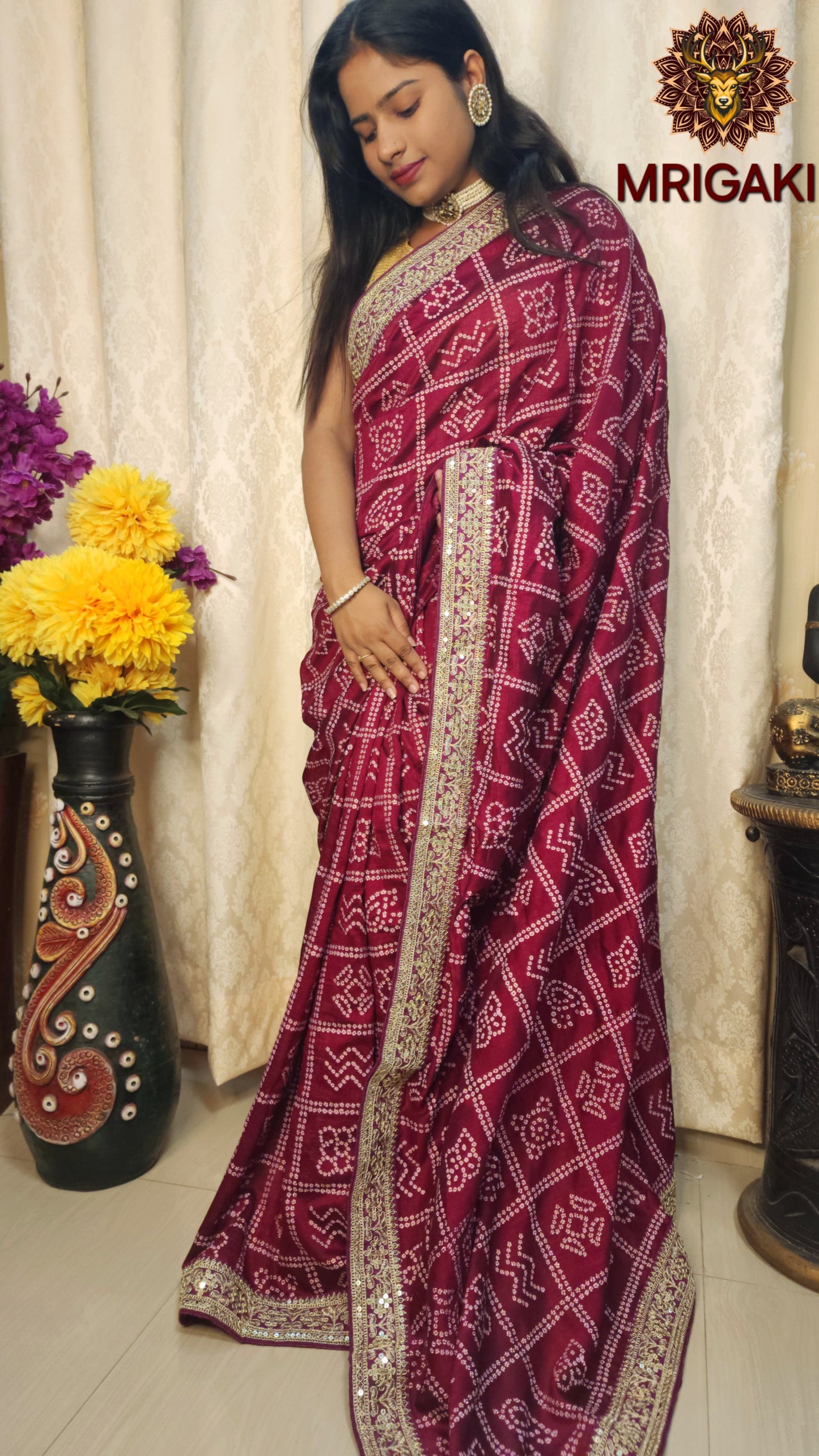 Maroon color Bandhej Saree with gotta border & designer unstitched blouse piece