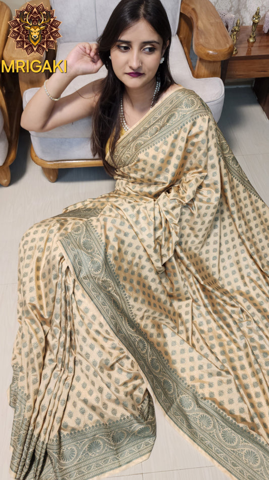 Pure Dupion Silk Resham Butti Handwoven Banarasi Saree with Olive green contrast border