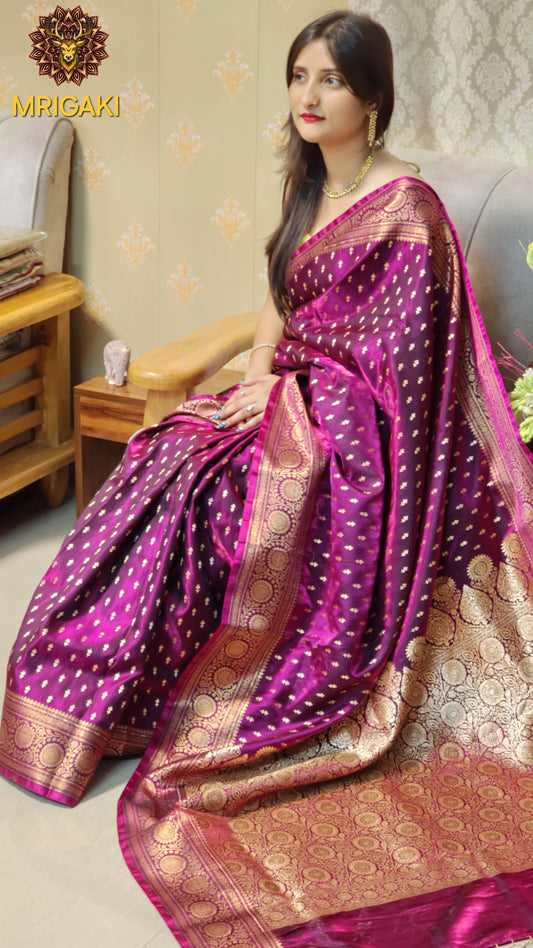 Dark Purple color Satin Silk Banarasi Saree with Thousand butti & Zari border & Pallu