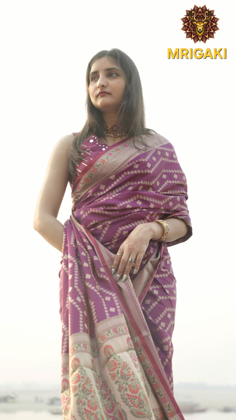Banarasi Worm Silk Rani Pink Saree with Zari 2 color threads Handwoven border & laheriya design all over