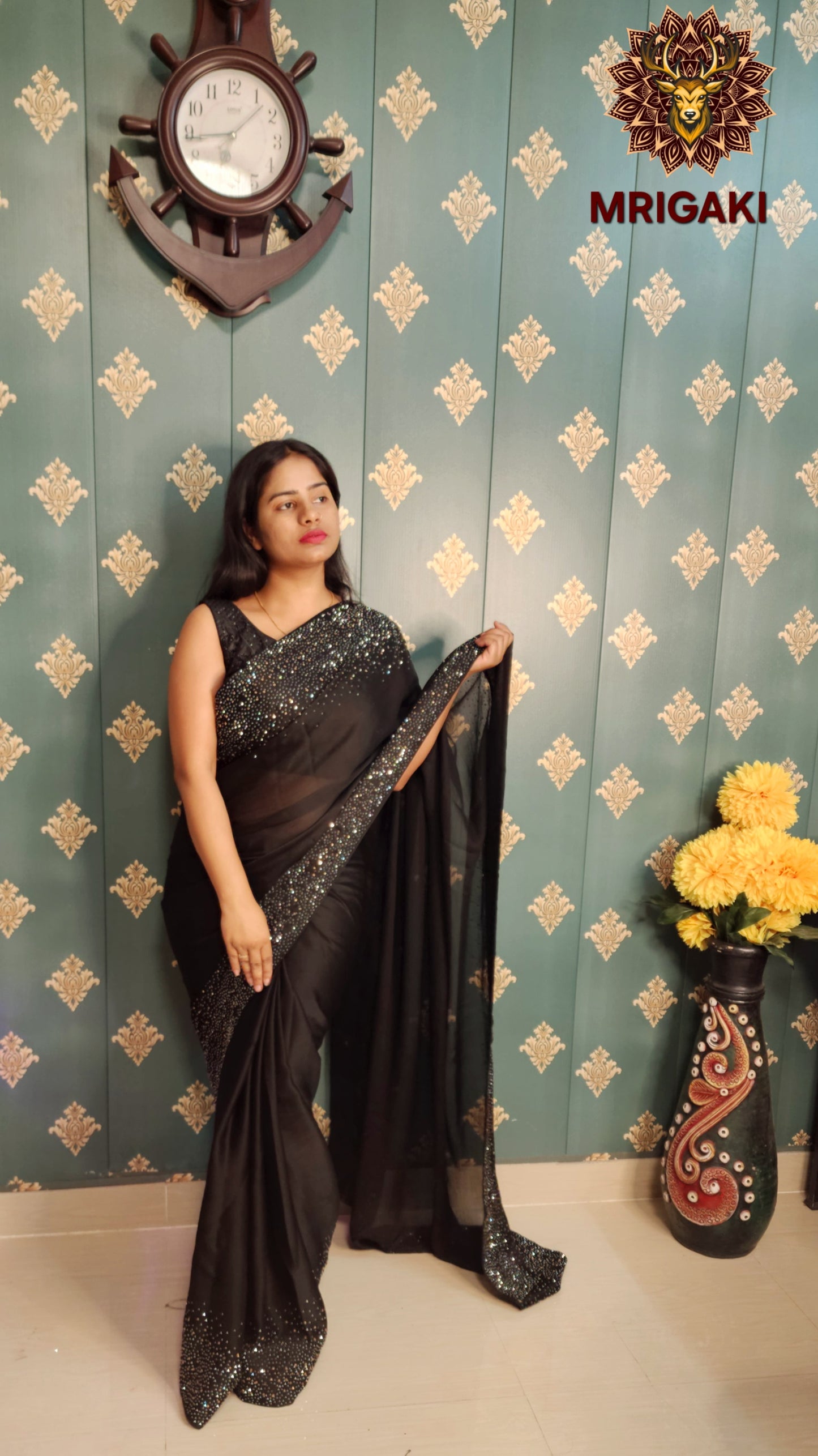 Japan Satin Silk Saree with Silver & Golden Stone work on borders