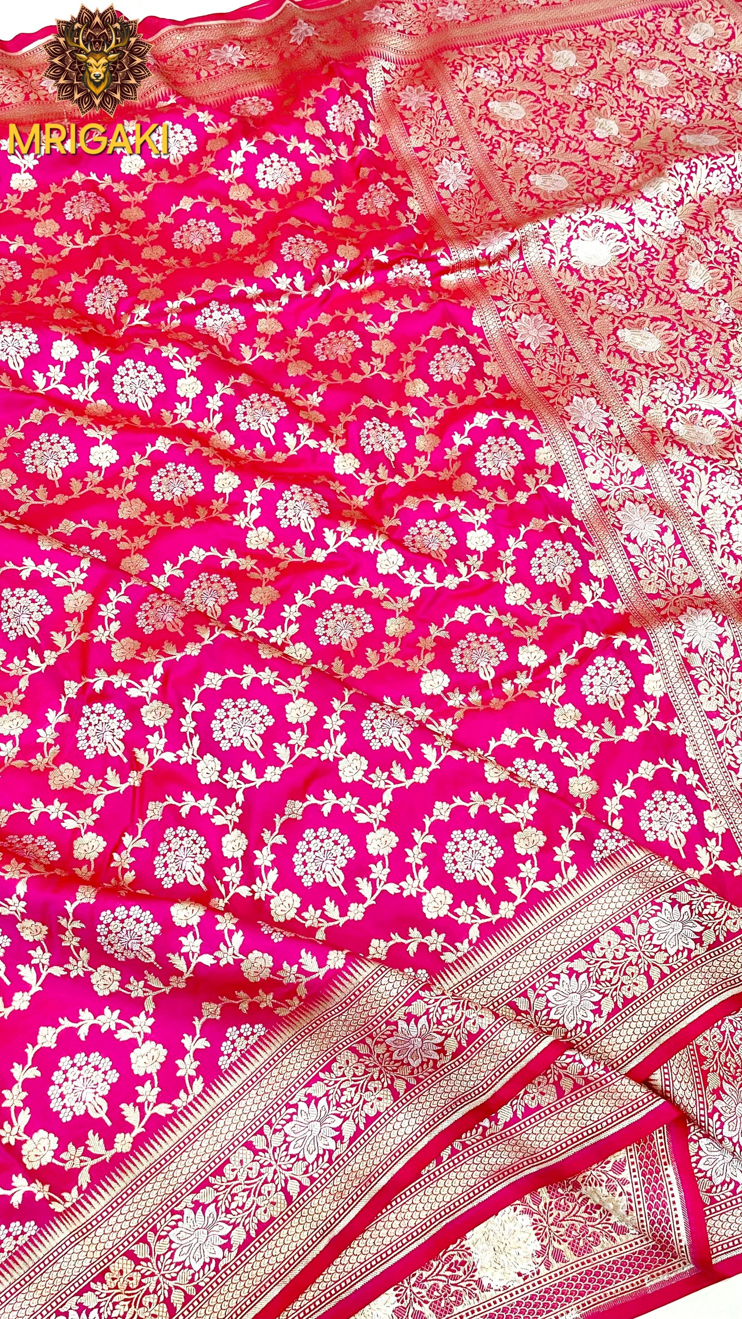 (Only on Pre-Order) Pure Katan Silk Handloom Sona Rupa Jangla Banarasi Saree in Rani Pink base color