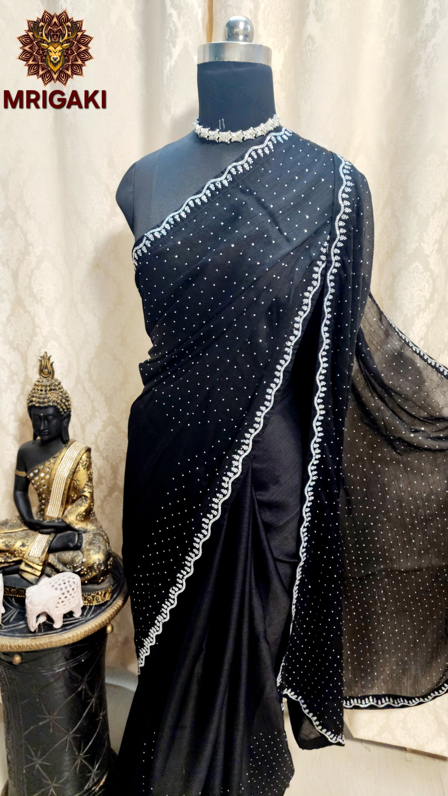 Japan Silk Satin Saree with Silver stone work on borders & all over