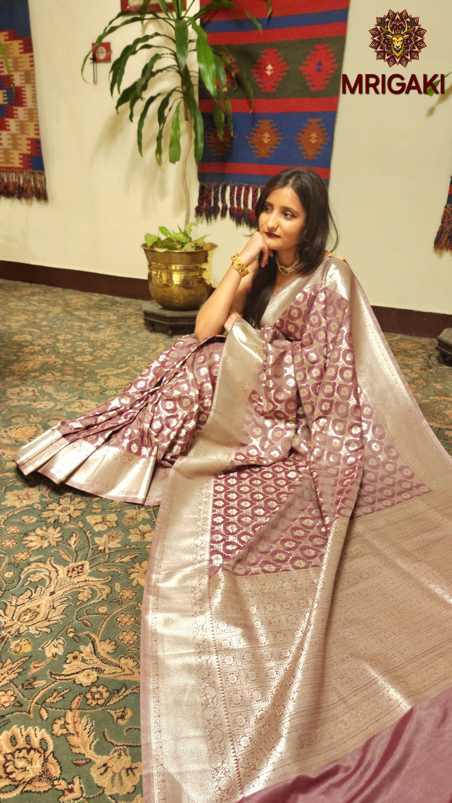 Onion Base color Dupion Silk all-over geometric Banarasi Butti Saree with Silver Zari work