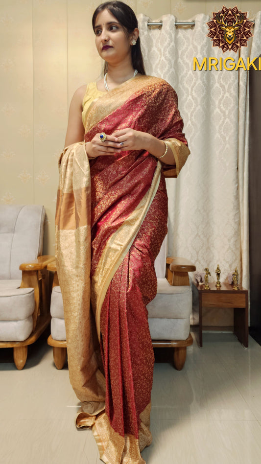 Jamawar Pure Silk Saree in Elegant Red & Beige contrast colors