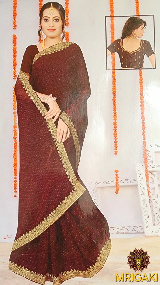 Coffee color Organza Saree with Heave Zari work on Borders, Golden Swarovski work all over