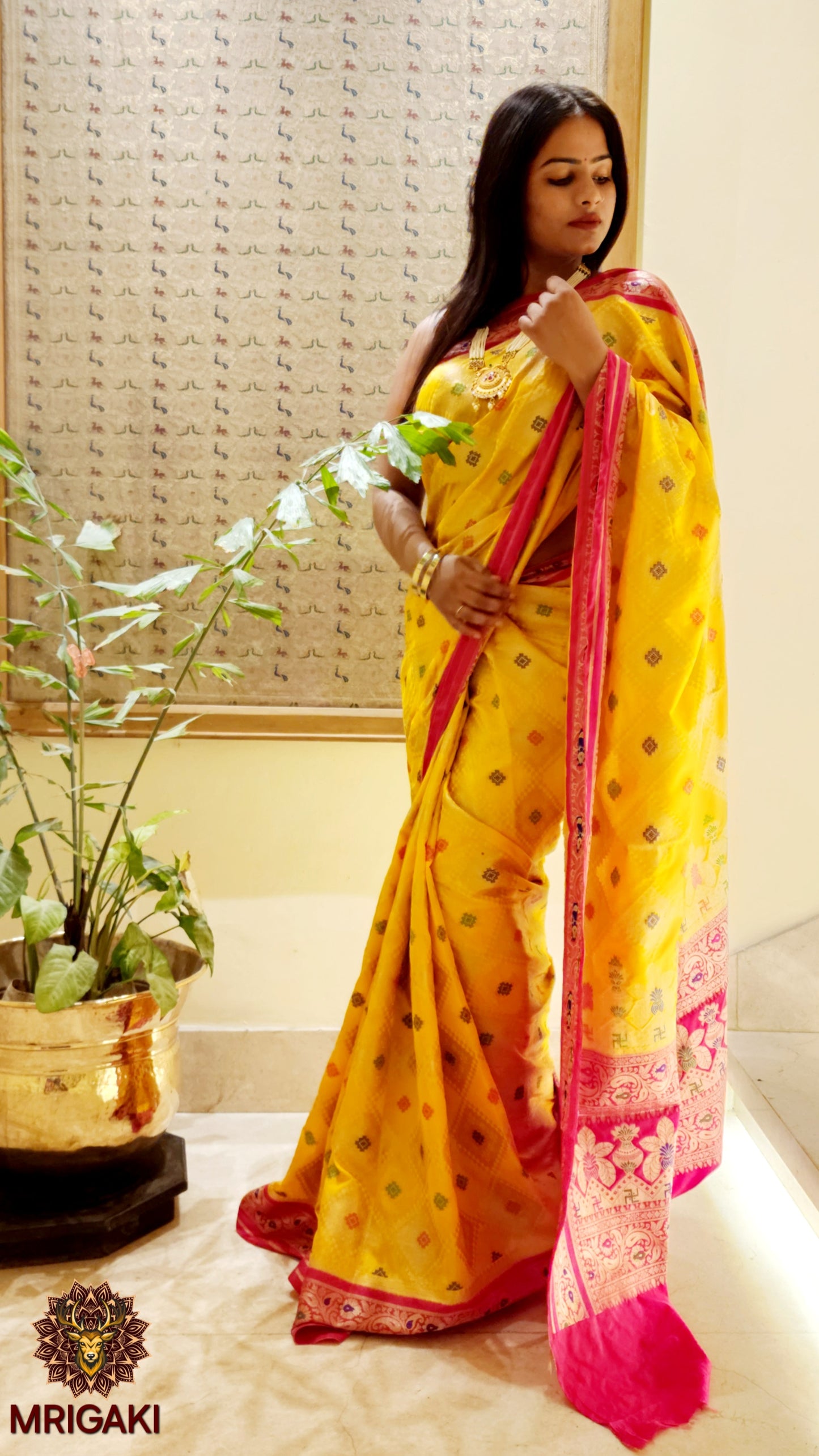 Yellow Pink Dupion Silk Banarasi Saree with butti all over & heavy Pallu with Satiya Kalash design