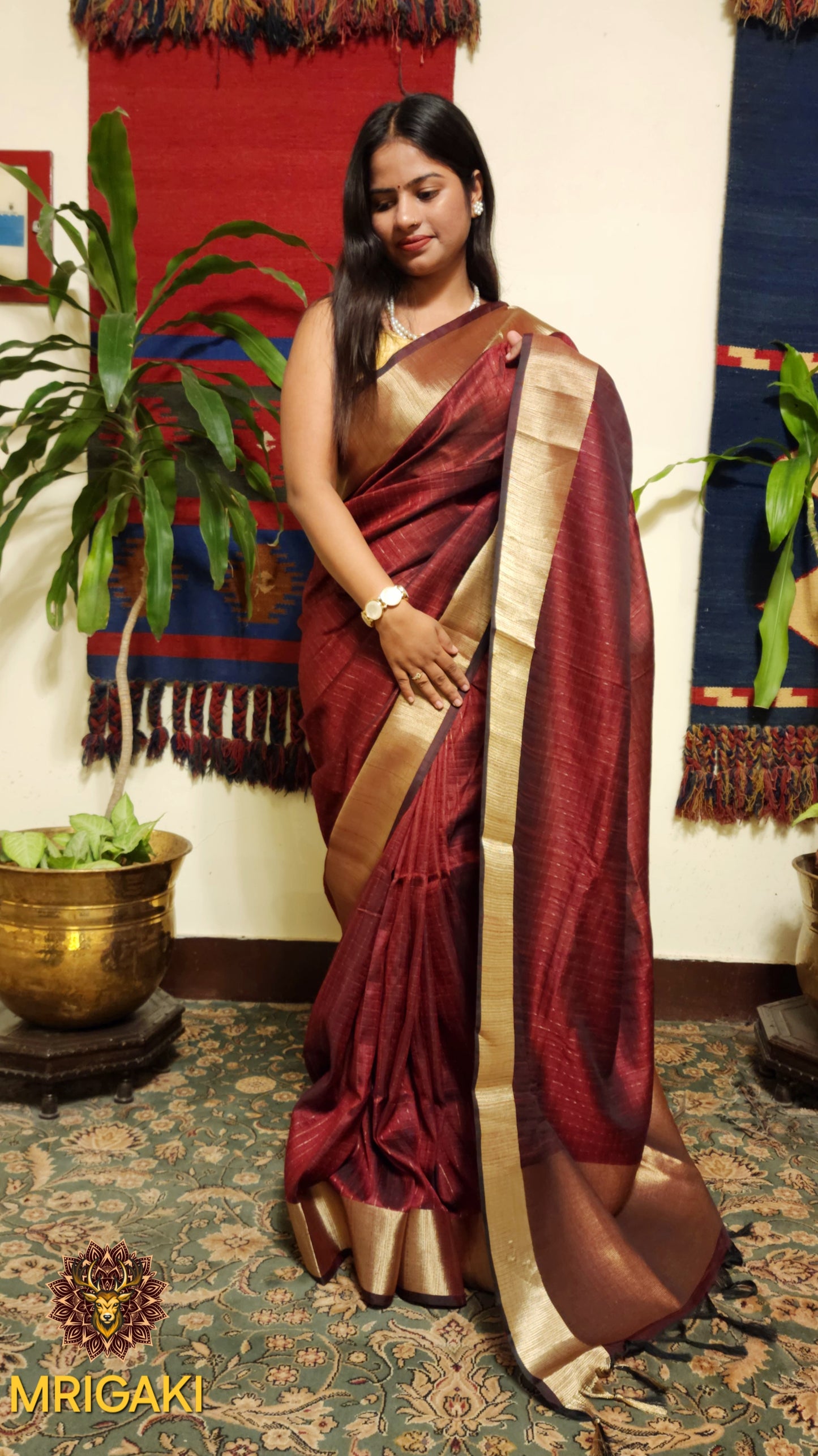 Coffee color Georgette Banarasi Butti Saree with Vertical lines & plain Zari border
