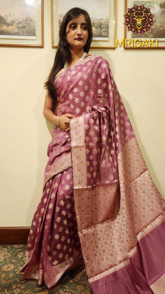 Lavender color Pure Dupion Silk Saree with Resham butti & Floral Pallu