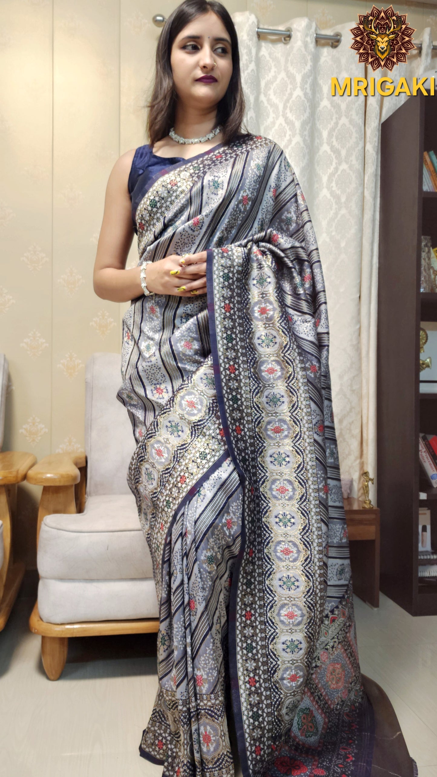 Multicolor Minakari Handwoven Banarasi Silk Saree with geometrical lines all over