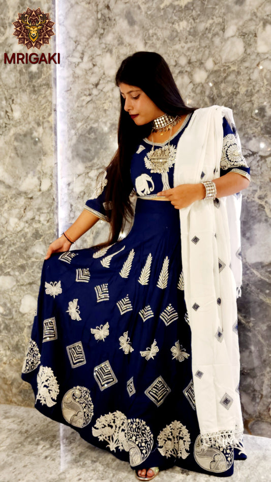 Women's Designer Trending Rajasthani Lahenga Choli with Peacock thread work in Royal Blue White contrast colors