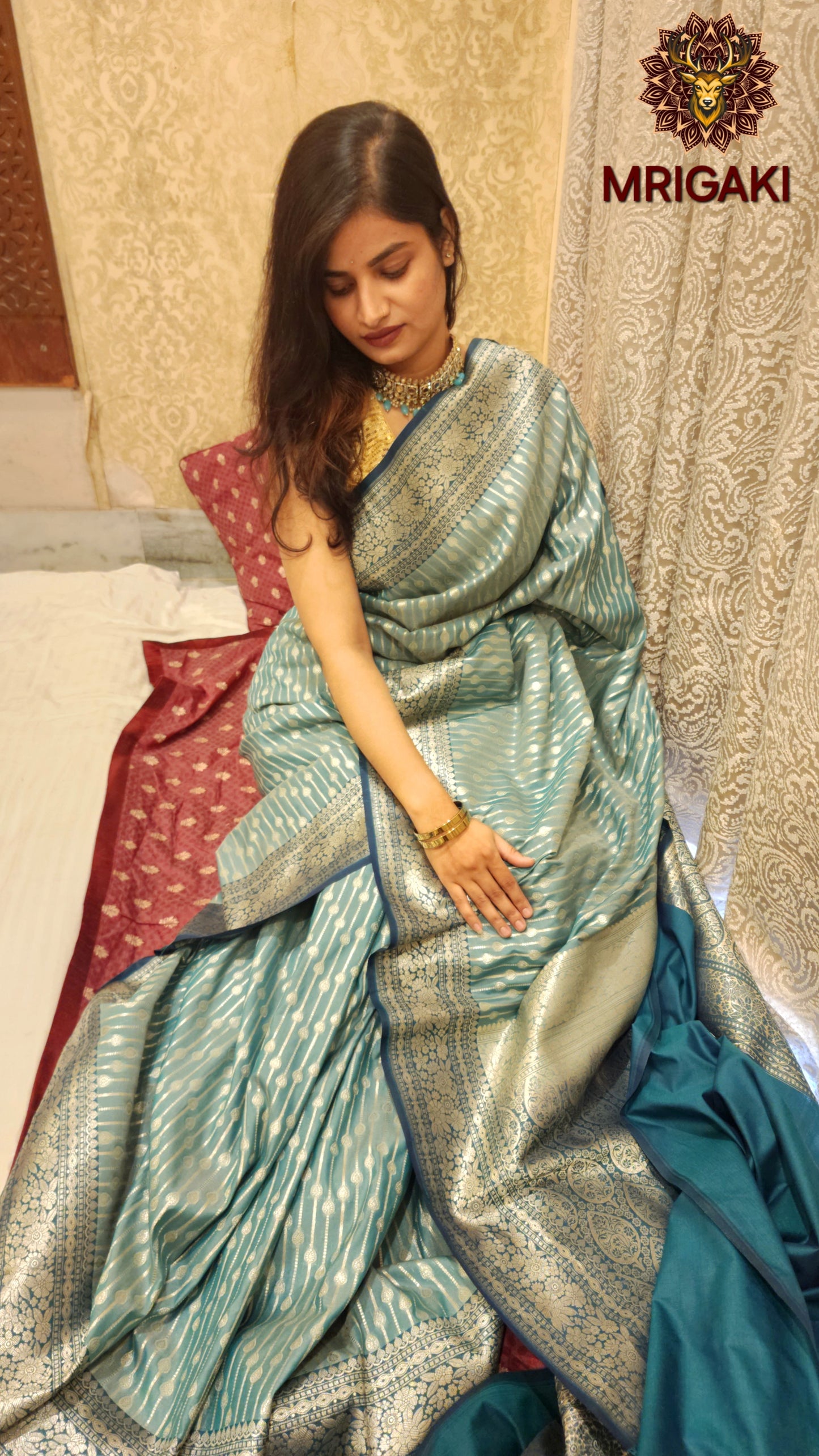 Pure Dupion Silk Light Green Saree with Silver vertical lines design all over & intricate Zari Pallu in contrast color