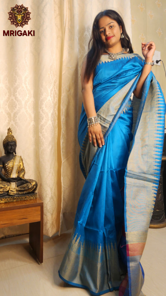 Pure Silk Cotton Ahilya Saree with Wavy Temple Saree Zari Border