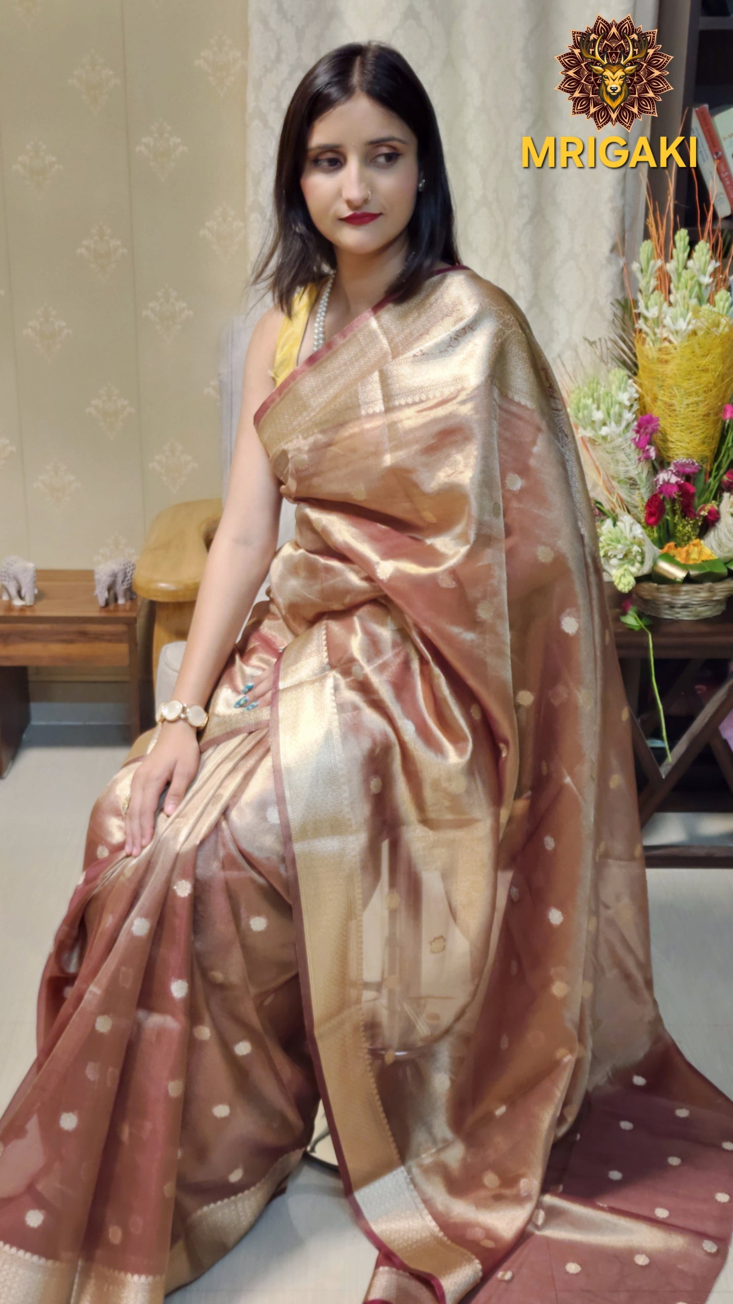 Elegant Tissue Silk Beige color Saree with Banarasi Zari Border