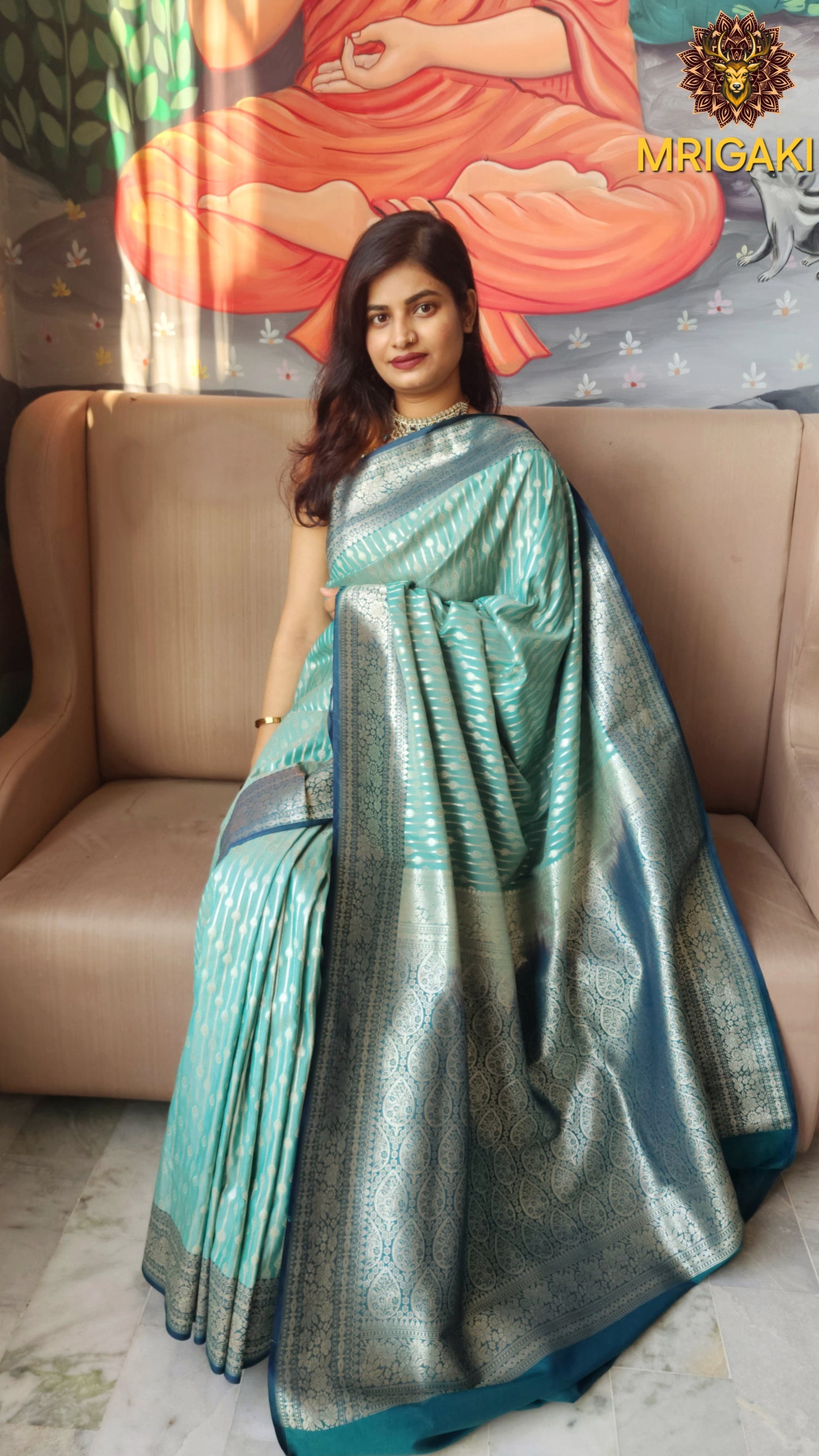 Pure Dupion Silk Light Green Saree with Silver vertical lines design all over & intricate Zari Pallu in contrast color