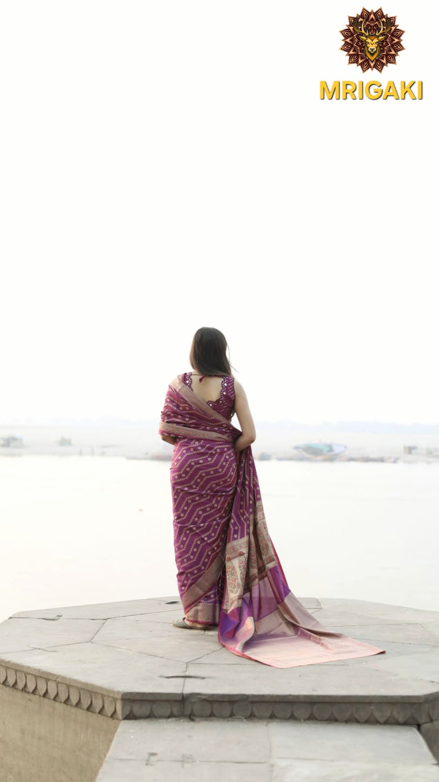 Banarasi Worm Silk Rani Pink Saree with Zari 2 color threads Handwoven border & laheriya design all over