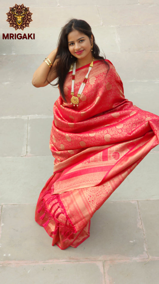 Rani Pink Kanjeevaram Silk Saree with Self Design all over & Zari border