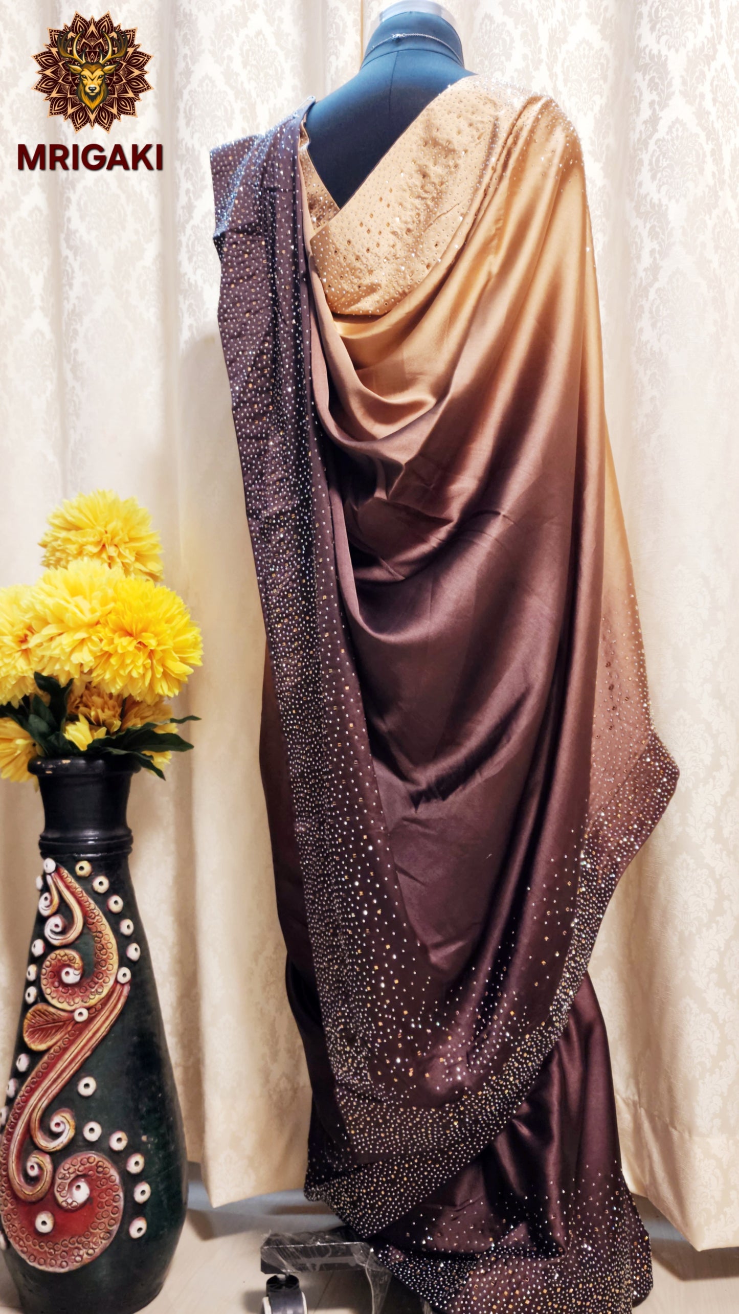 Japan Satin Silk Double Shaded Golden Brown Elegant Saree with Silver & Golden Stone work on borders