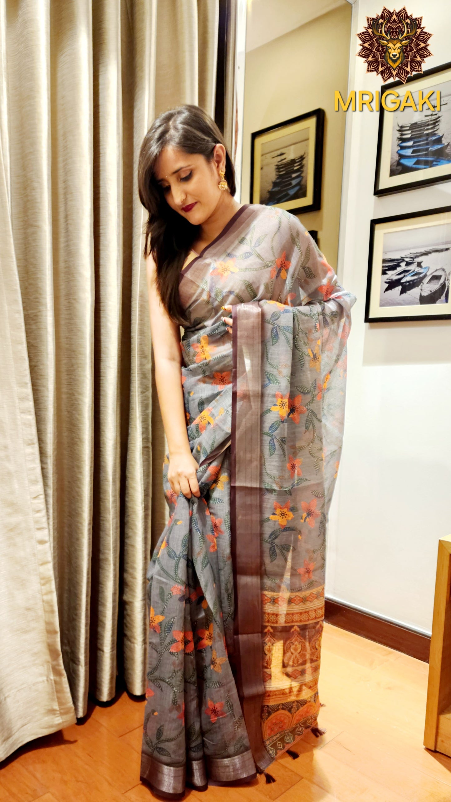 Dark Grey Base Linen Saree with Katha digital design all over, grey border with Pom-Pom on Pallu