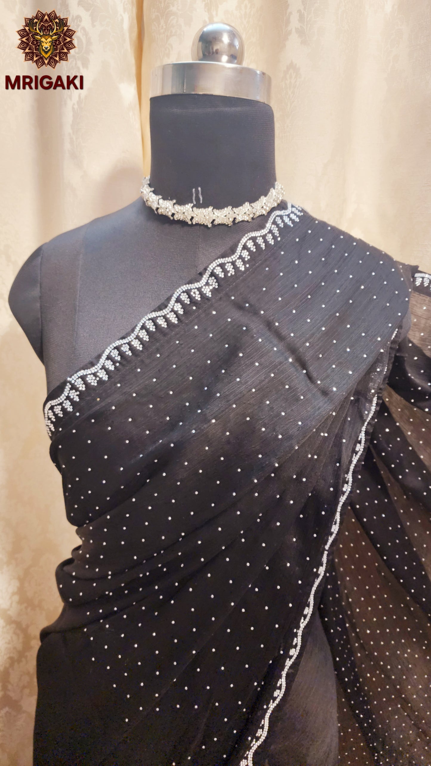 Japan Silk Satin Saree with Silver stone work on borders & all over