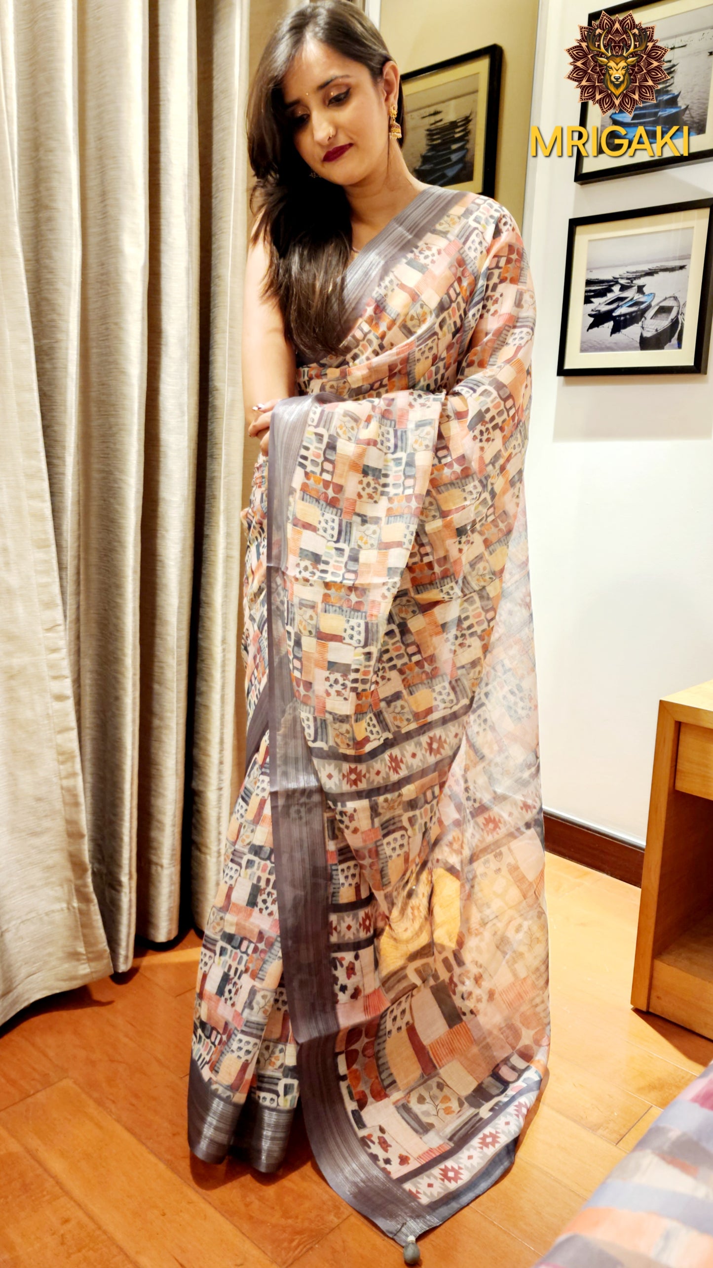 Grey Base Linen Saree with Block digital design all-over, dark grey border with Pom-Pom on Pallu