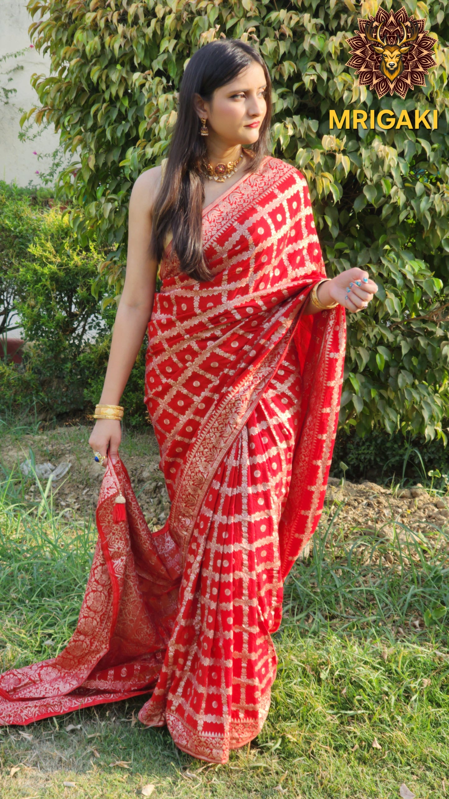 Silk Georgette Red Saree with Bridal Cheques pattern all over & heavy designer Blouse