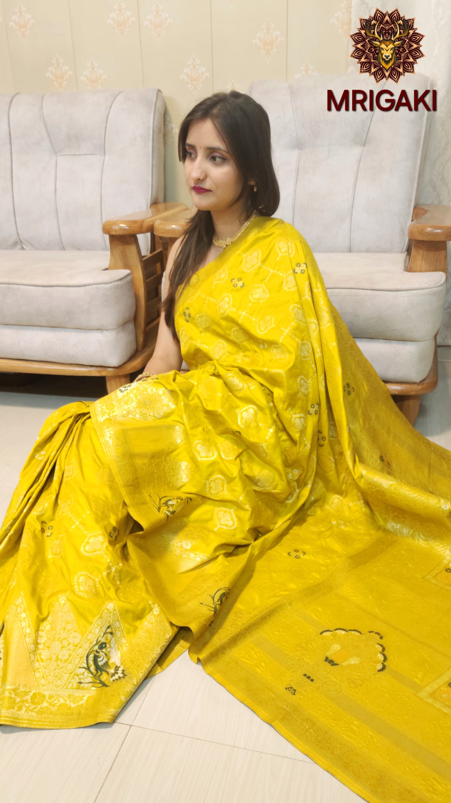 Banarasi Silk Yellow Green color saree with Peacock pattern & Golden Jaal design All over