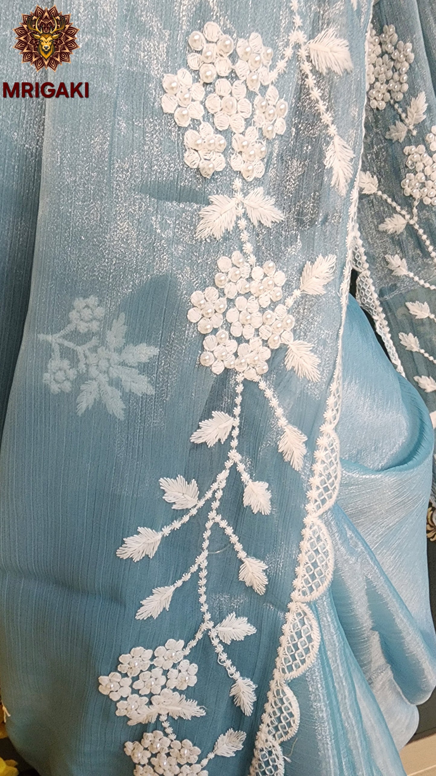 Jimmy Choo Fabric with Flower pattern White Pearl (Moti) work on borders & butti inside