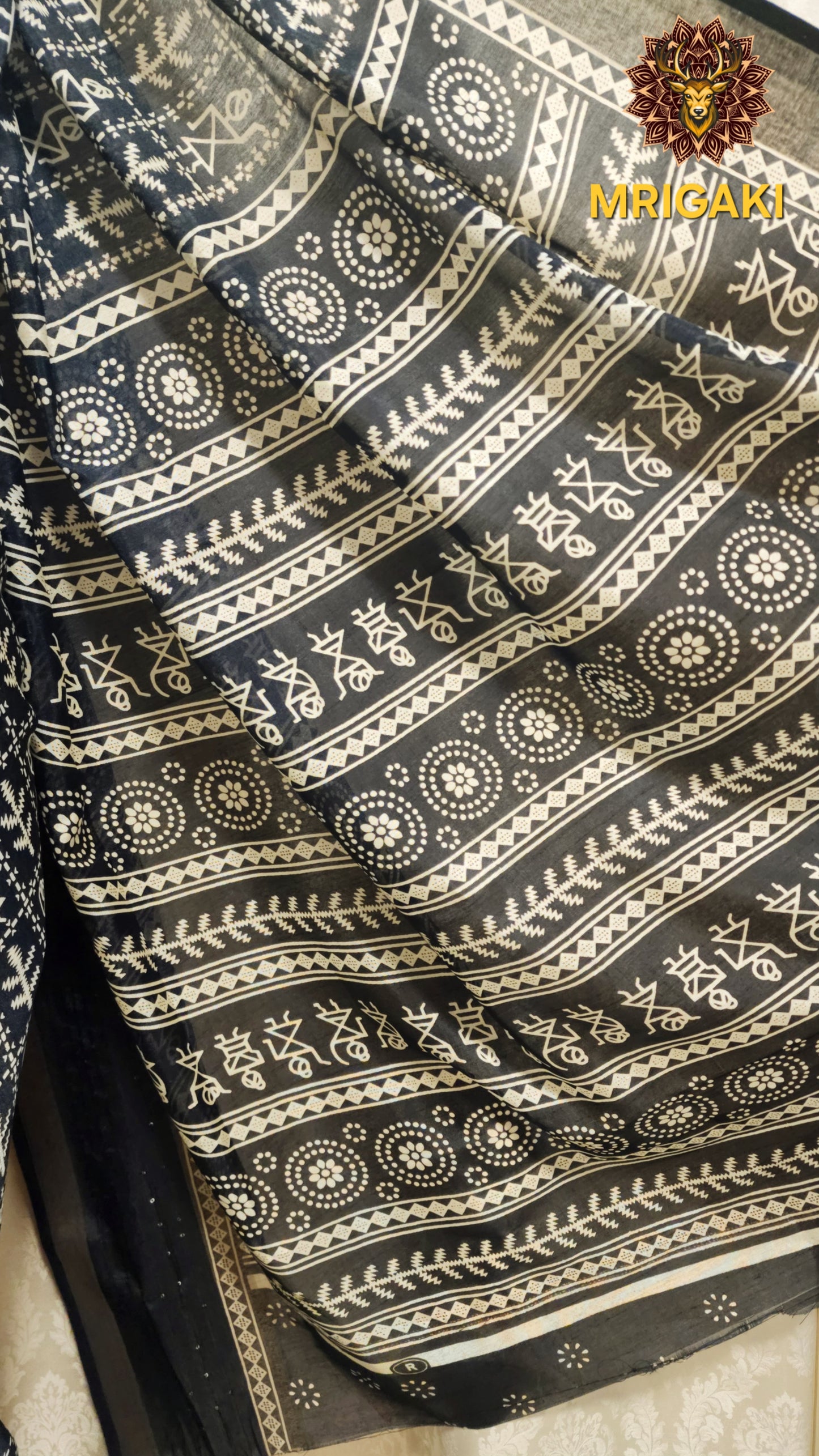 Black & White Chiffon Saree with Warli Painting Digital Print
