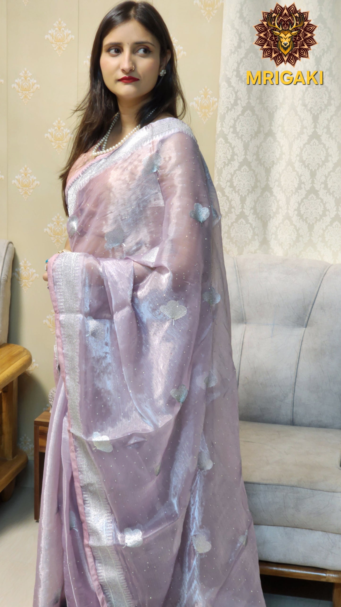 Trending Jimmy Choo Sarees with Thread work on borders & Flower designs inside, Silver stone work all over the saree