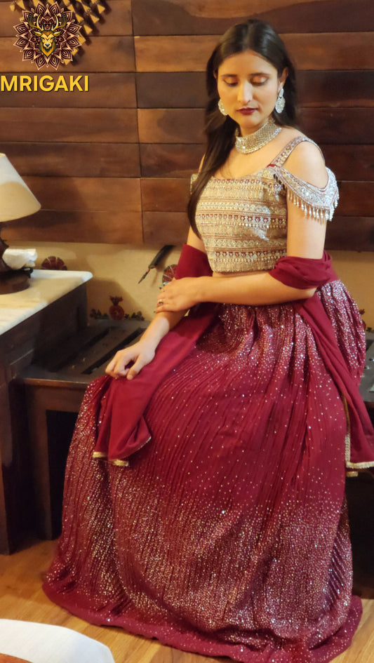 Gorgeous Maroon Silver Contrast Georgette Lahenga with Heavy All over work Crop-top, Stylish sleeves