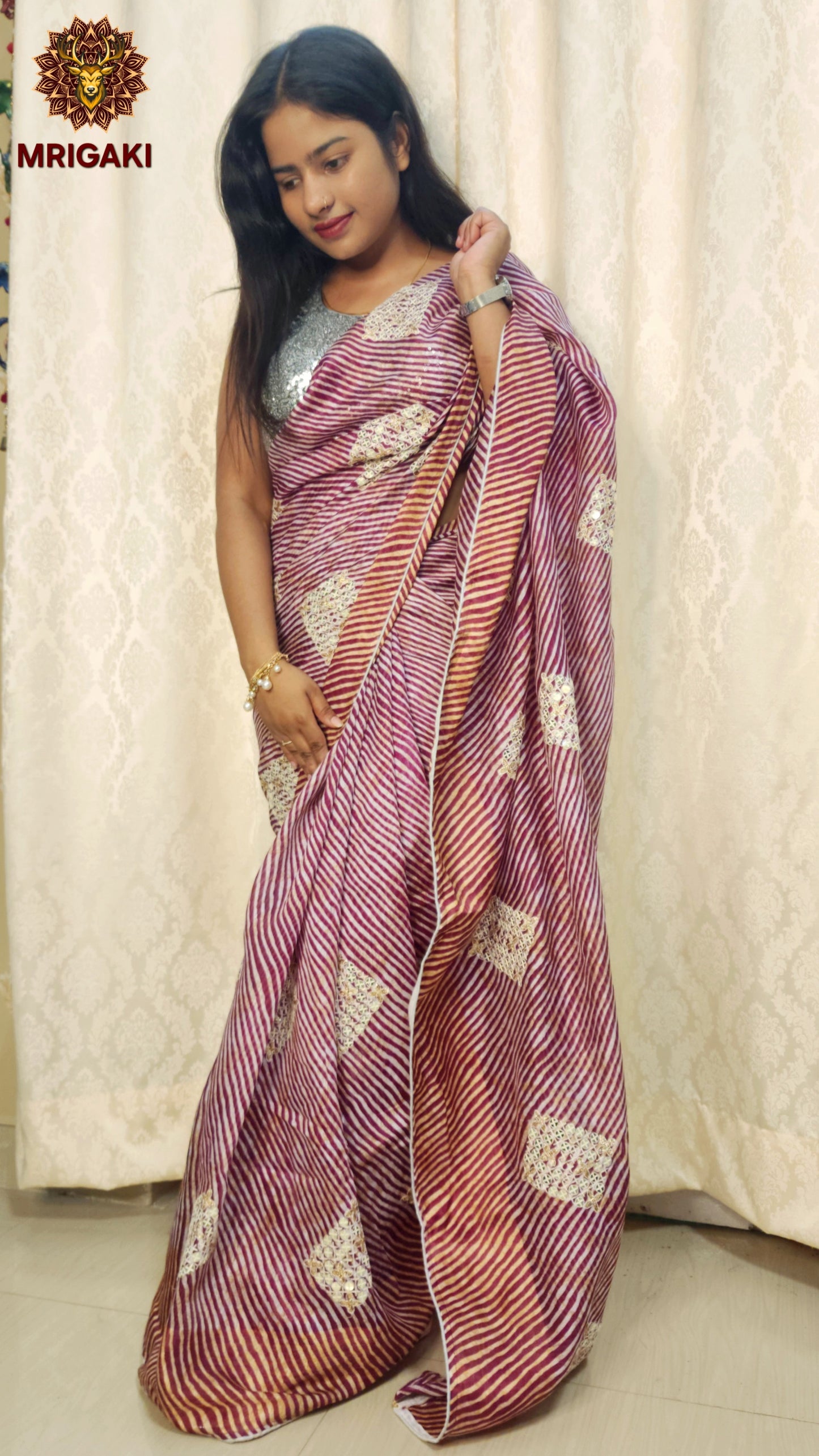 Chiffon Saree with Trending Laheriya pattern & thread work designer boxes all over