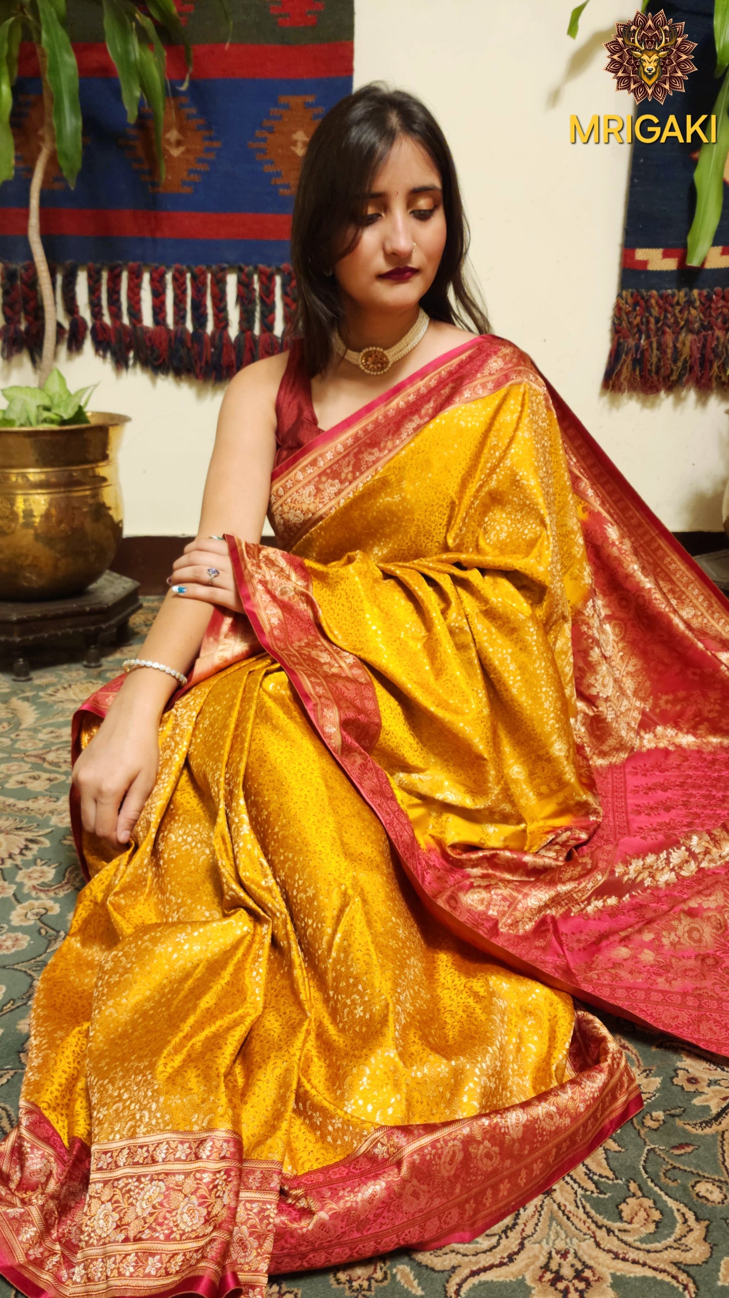 Pure Silk Jamewaar Saree in Yellow Red Contrast colors