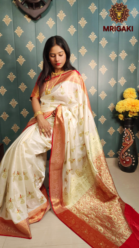 White base Golden Red contrast Satin Silk Saree with Golden stone designer peacock work all over