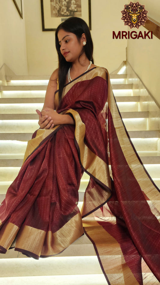 Coffee color Georgette Banarasi Butti Saree with Vertical lines & plain Zari border
