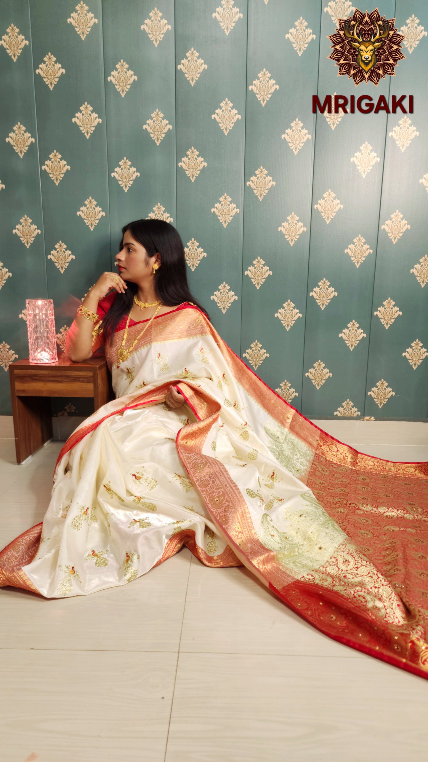 White base Golden Red contrast Satin Silk Saree with Golden stone designer peacock work all over