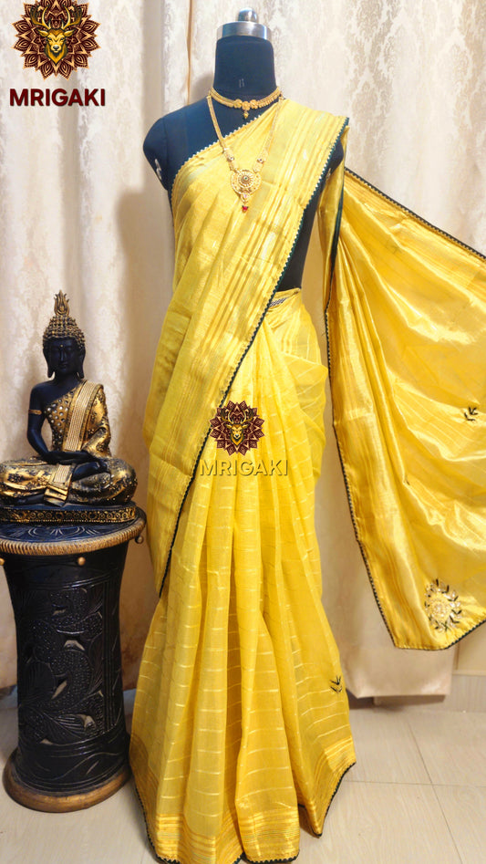 Chanderi Silk Cotton Saree with Zari work on Borders & Nalki work flower designs inside & on Pallu