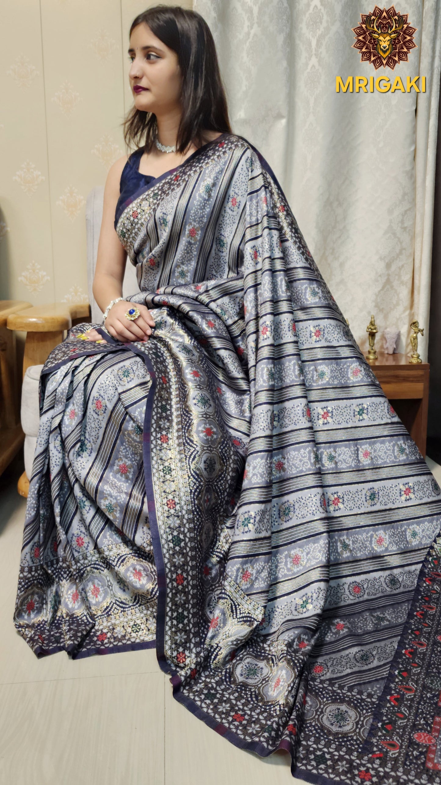 Multicolor Minakari Handwoven Banarasi Silk Saree with geometrical lines all over