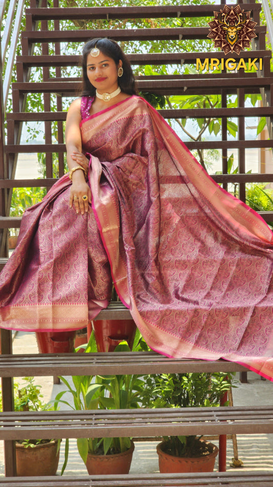 Minakari Tanchoi Semi-Katan Silk Easy drape Rani Pink Saree with Designer blouse