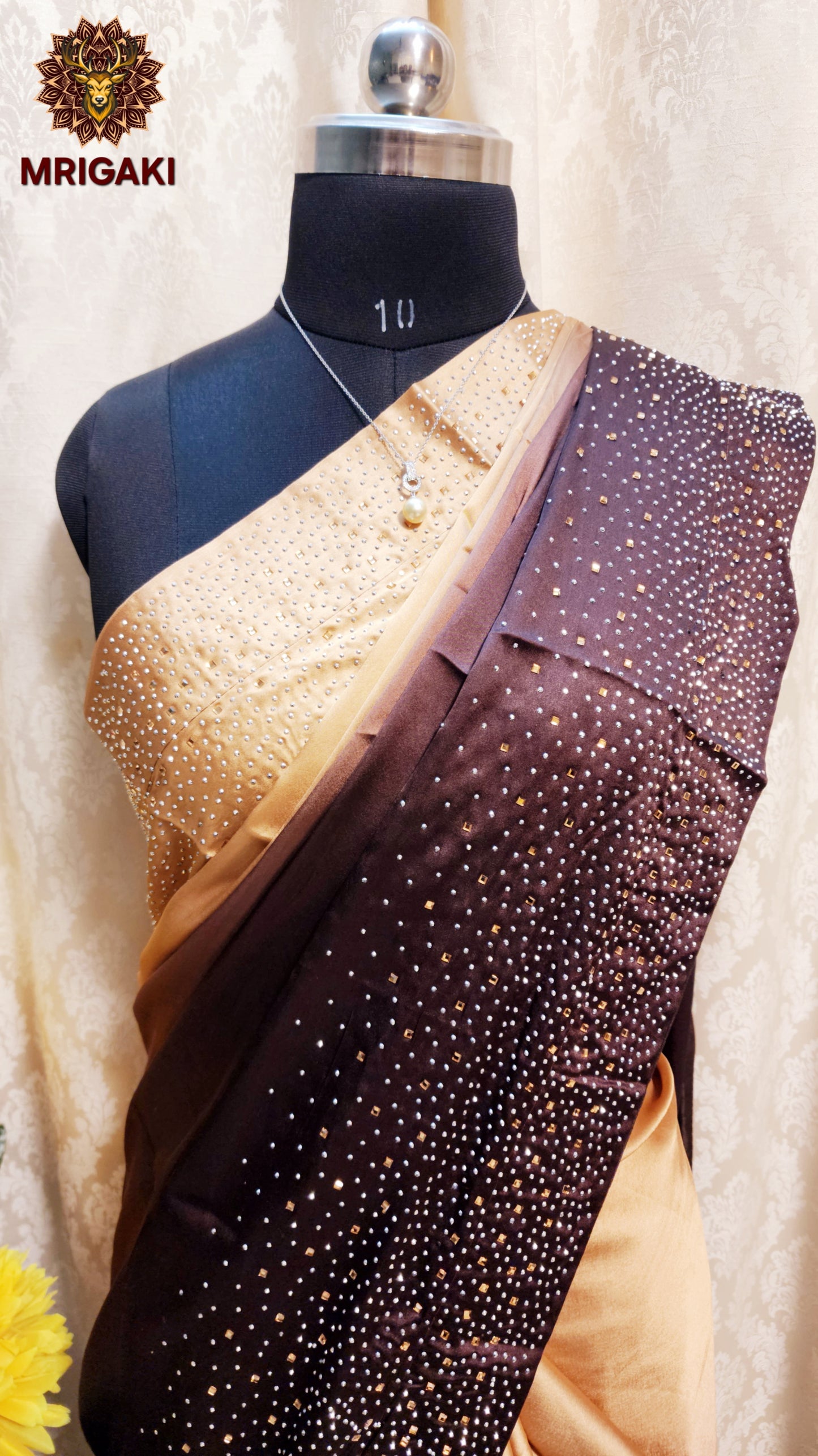 Japan Satin Silk Double Shaded Golden Brown Elegant Saree with Silver & Golden Stone work on borders