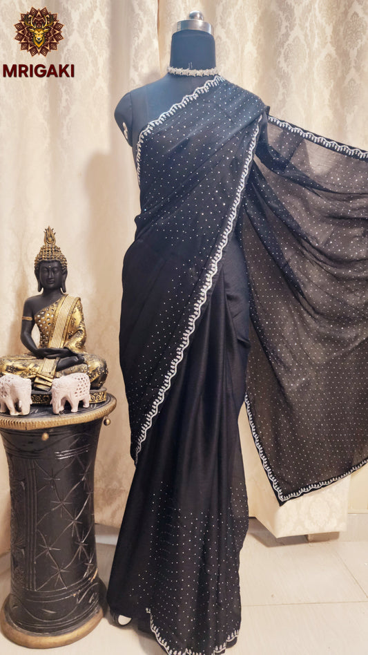 Japan Silk Satin Saree with Silver stone work on borders & all over