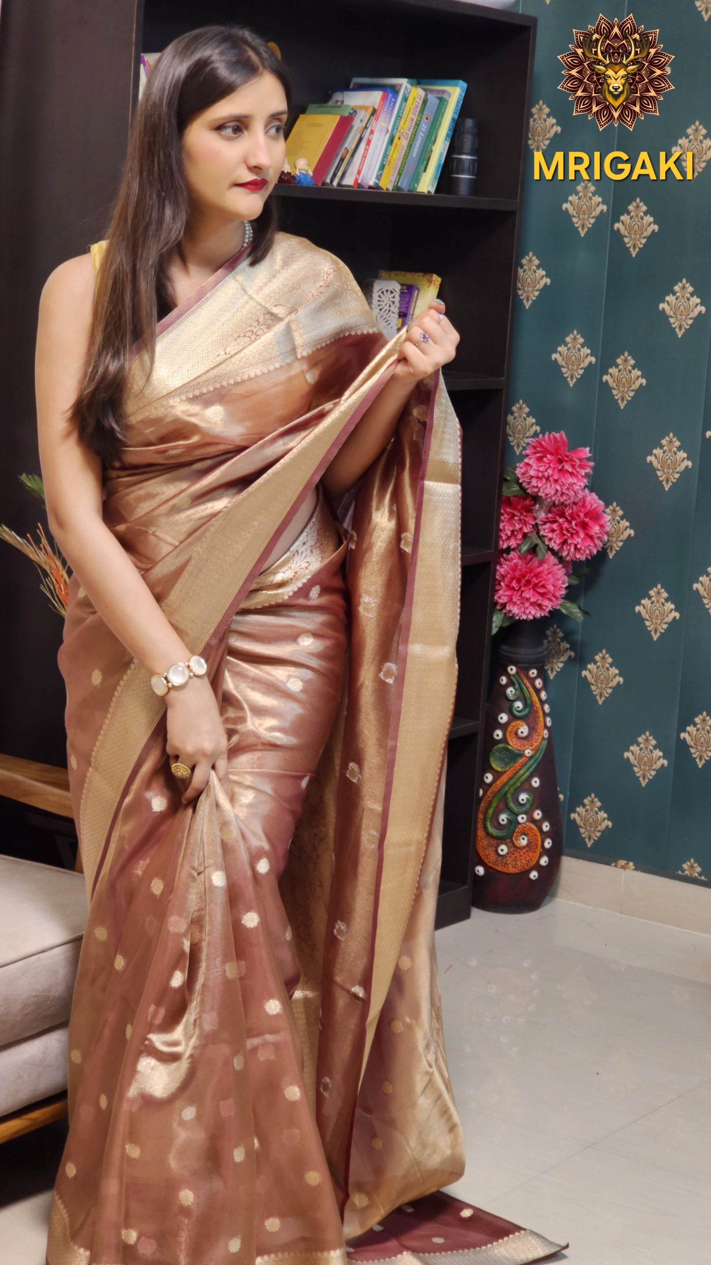 Elegant Tissue Silk Beige color Saree with Banarasi Zari Border
