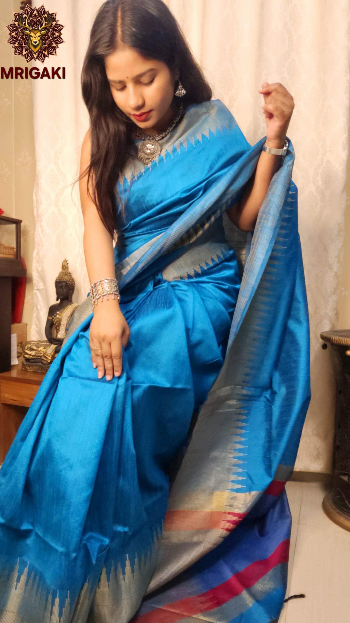 Pure Silk Cotton Ahilya Saree with Wavy Temple Saree Zari Border
