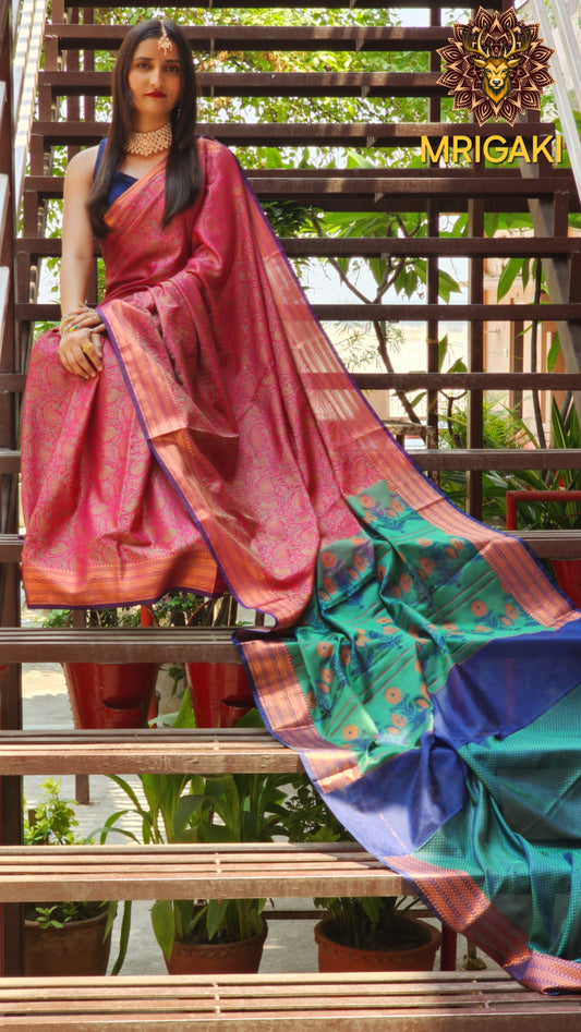 Warm Silk Jamawar Banarasi Saree in Rani pink & Royal blue contrast colors