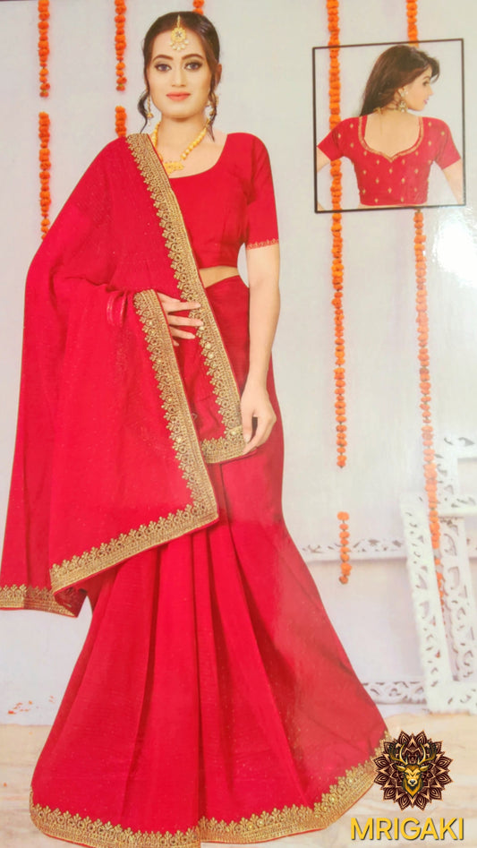 Pink color Organza Saree with Heave Zari work on Borders, Golden Swarovski work all over