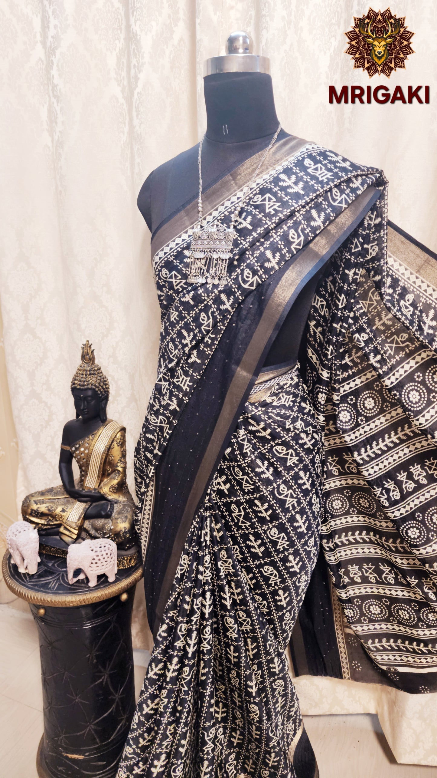 Black & White Chiffon Saree with Warli Painting Digital Print