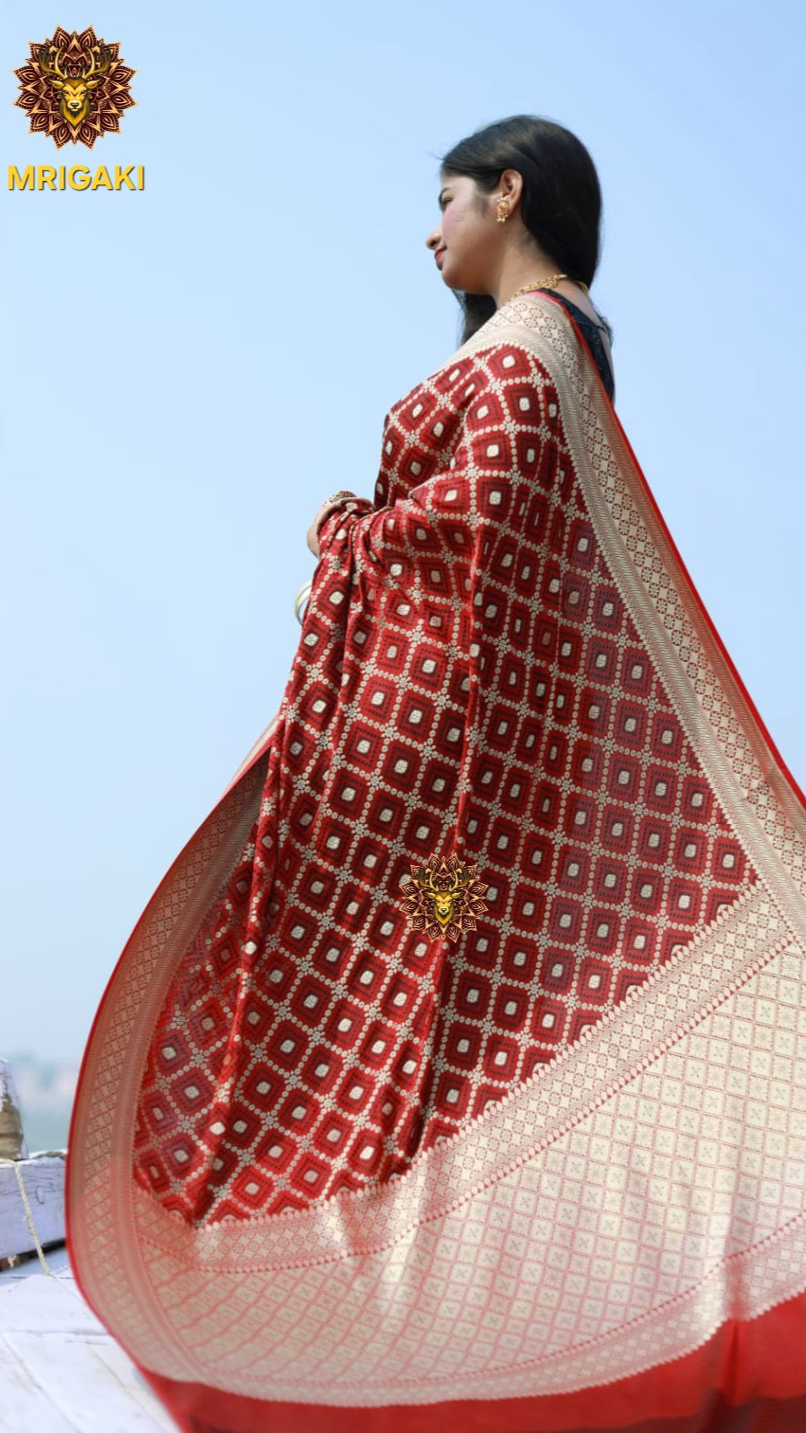 Pure Dupion Silk Banarasi Saree in Black Maroon contrast with Golden Cheques