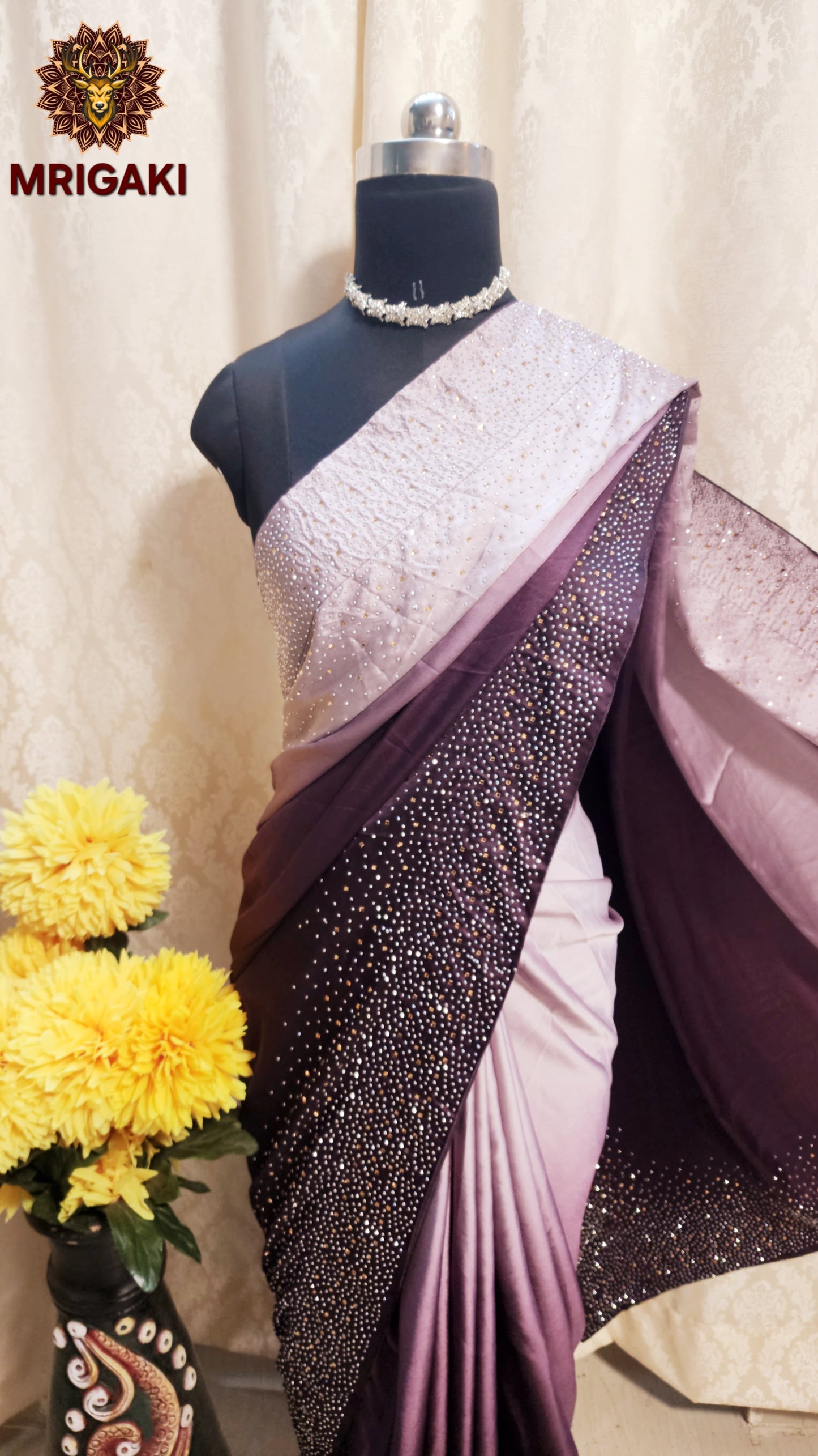 Japan Satin Silk Double Shaded Lavender Purple Elegant Saree with Silver & Golden Stone work on borders